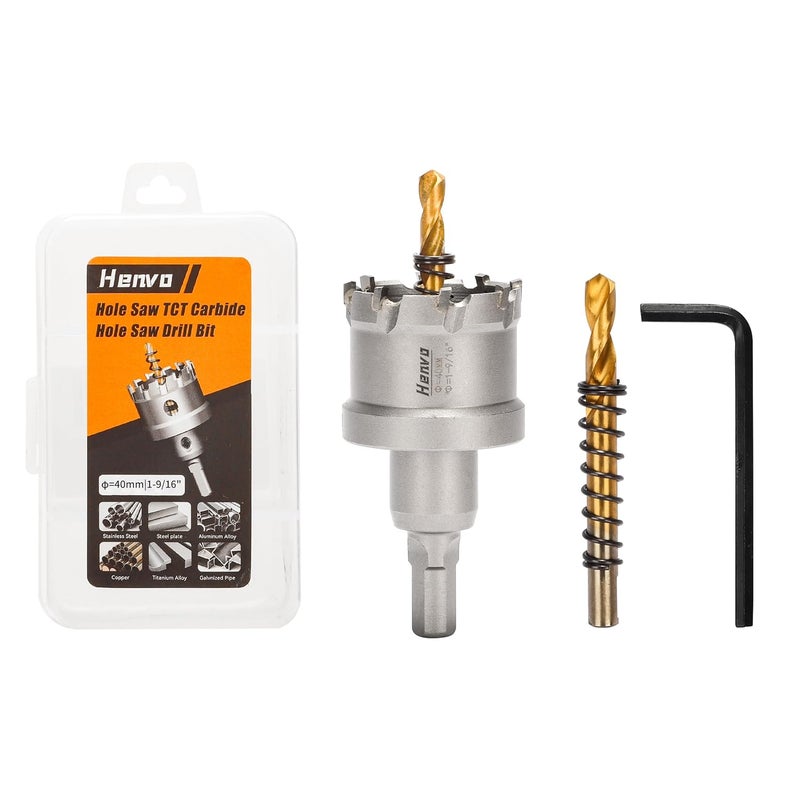Henvo Hole Saw 1-9/16" (40mm) Heavy Duty Carbide with 2 Pilot Drill Bits - Metal Hole Cutter Cuts Stainless Steel, Iron, Copper, Brass, Plastic - Image 1